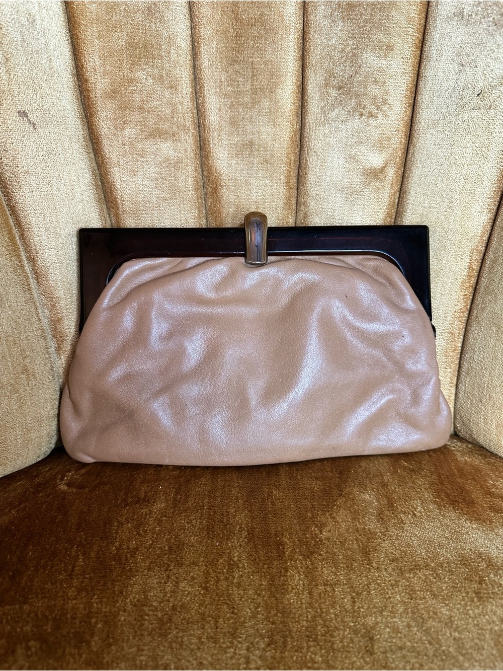 Vintage 70s 80s Soft Taupe Lucite Frame Clutch Purse Made in Italy